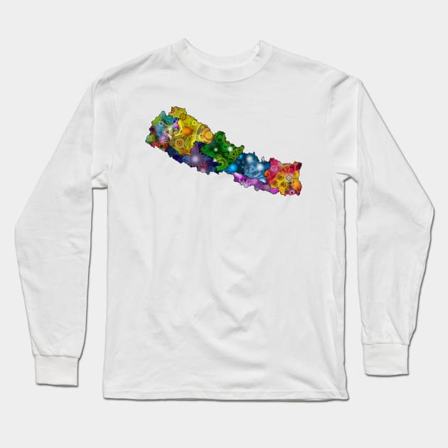 Spirograph Patterned Nepal Administrative Zones Map Long Sleeve T-Shirt by RachelEDesigns